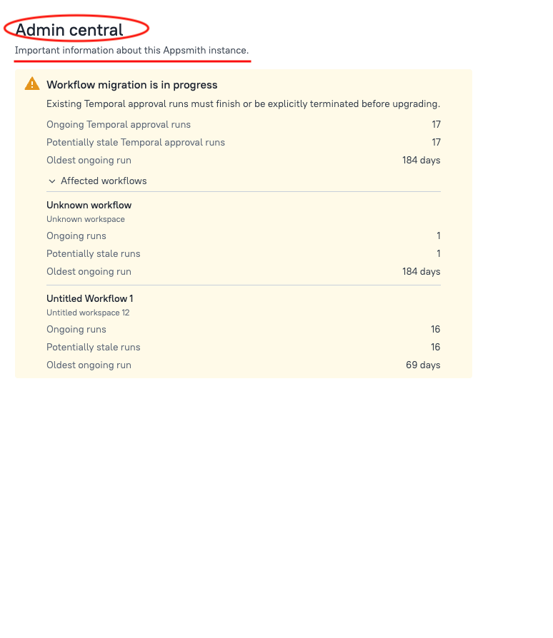 Admin central notices with summary details and affected items