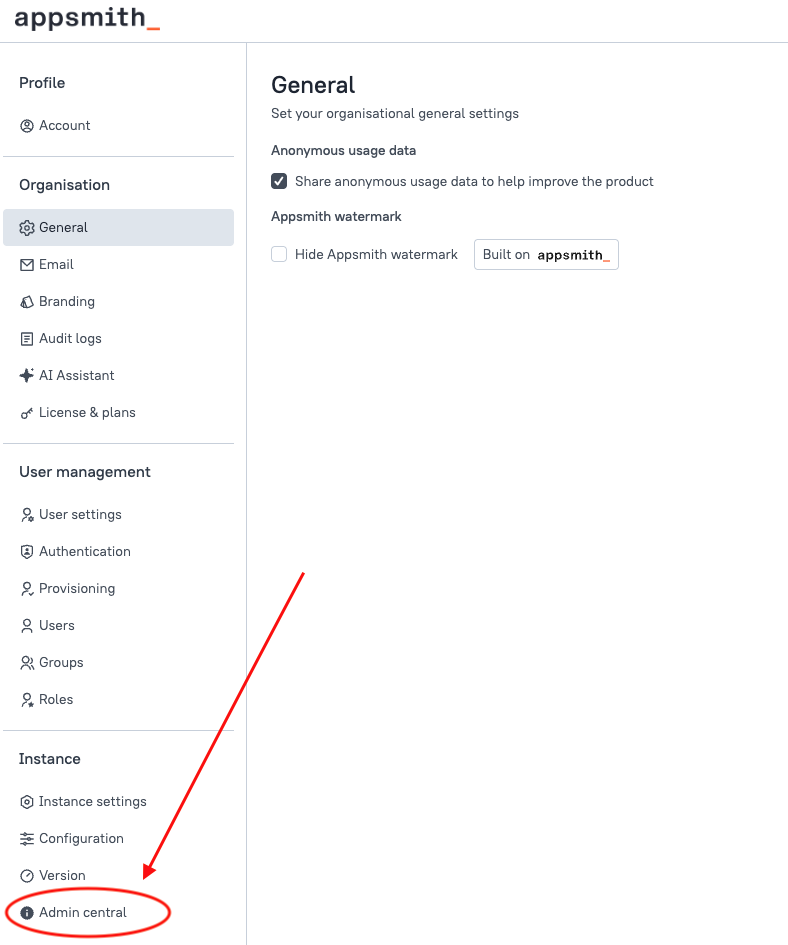 Admin central in the Instance section of Admin Settings